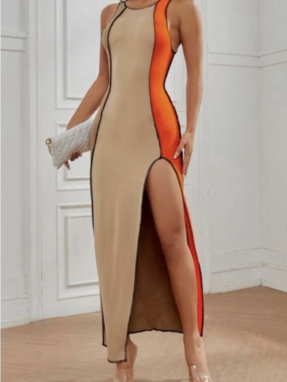 SHEIN Petite Slit Thigh Dress Orange/Tan